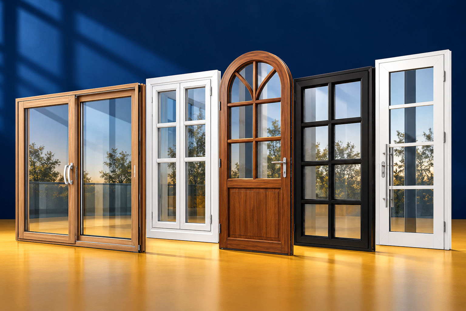 A collection of glazed doors and windows in a navy and gold setting