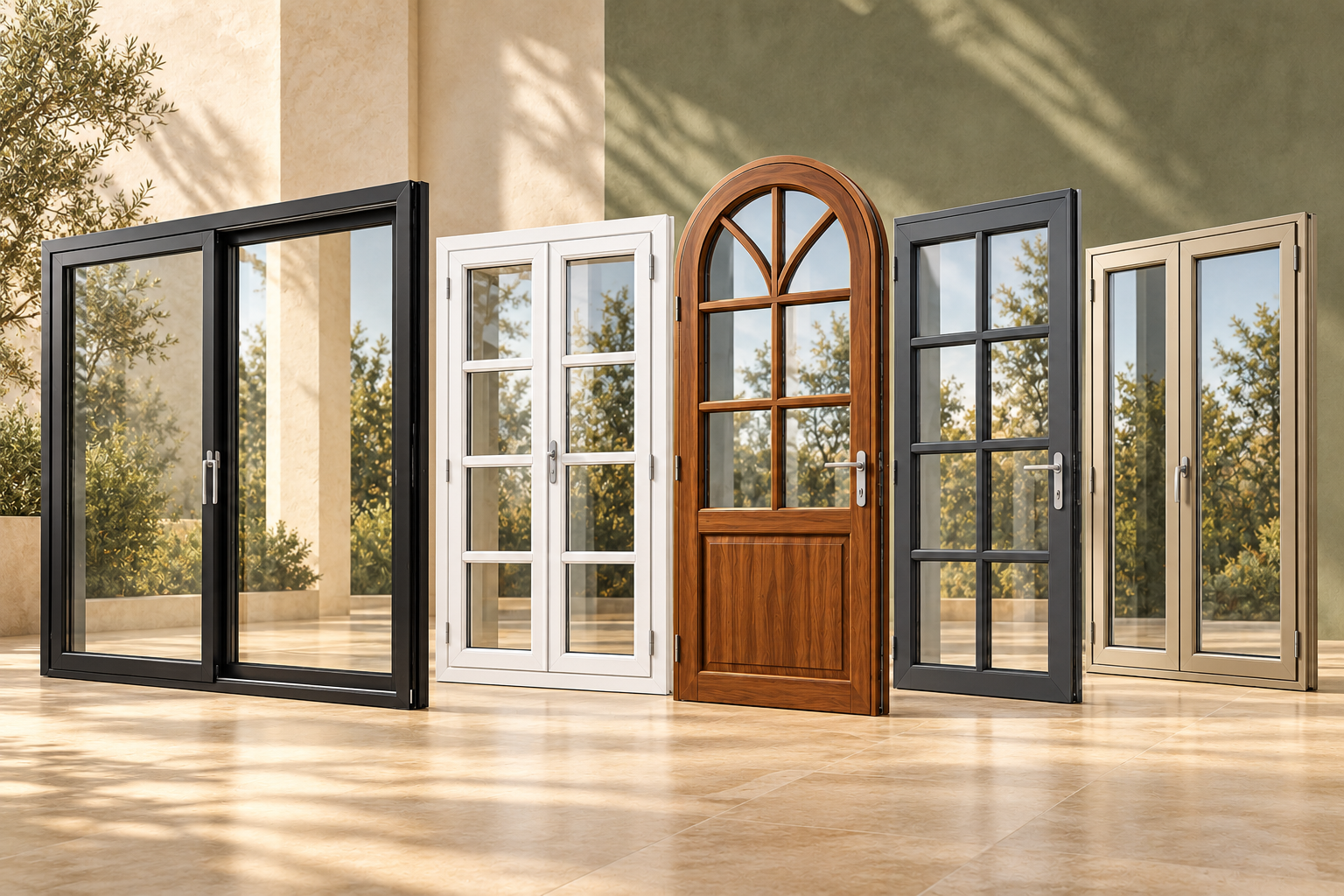 Window and door styles in a warm stone and sage setting